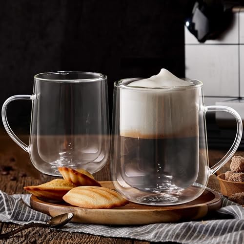 Joeyan Clear Double Walled Glass Coffee Mugs, Double Layer Tea Latte Cappuccino Cups with Handle, Double Lined Insulated High Borosilicate Glassware for Milk and Other Hot Beverages, 13.5 oz, Set of 2 - color: 500ml-Clear with handle