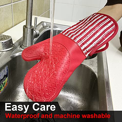 Alselo Silicone Oven Mitts Heat Resistant 932℉ with Waterproof & Non-Slip | Kitchen Mittens Set of 2,Extra Long 7.5"x15" Oven Gloves with Soft Cotton Terry Lining for Baking Cooking BBQ(Red,2) - color: Red