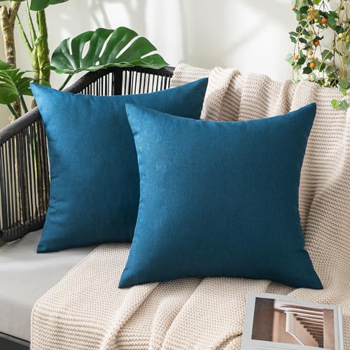 MIULEE Decorative Outdoor Pillow Covers Waterproof 16x16 Blue | Solid Faux Linen Throw Pillow Covers Set of 2 Farmhouse for Patio Furniture Tent Balcony Garden Couch Sofa Cushion - color: Blue, size: 16" x 16" (Pack of 2)