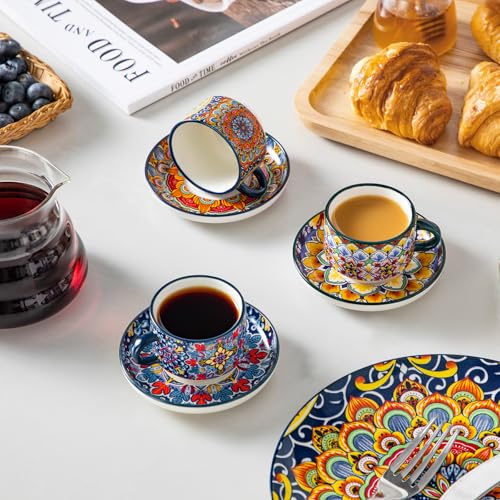 vancasso 2.5 Oz Stackable Espresso Cup Set of 4, Ceramic with Saucers | Microwave and Dishwasher Safe, Easy Clean, For Cappuccino, Tea, Latte, and Espresso, Bohemian Design with Metal Display Stand - size: 2.5 Oz