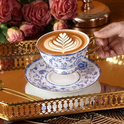 KAMMAK Tea Cups and Saucers Set of 2, Porcelain Coffee Cups, JBE023 | Stackable Espresso Mugs, Ceramic Demitasse for Coffee, Cappuccino, Latte, Americano, Tea - size: 8CZJBE023