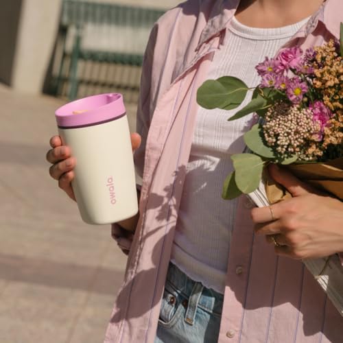 Owala SmoothSip Slider Insulated Stainless Steel Coffee Tumbler, Reusable Iced Coffee Cup, Hot Coffee Travel Mug, BPA Free 12 oz, Pink/Tan (Daybreak) - color: Daybreak, size: 12 Ounces, style: No Handle
