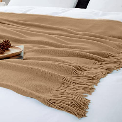 Vonty Light Brown Knitted Blanket with Tassels Fringe 50" x 60", Super Soft Knit Throw Blanket, Farmhouse Decorative Lightweight Blanket for Couch, Sofa, Bed | Super Soft And Lightweight, Year-Round Cozy Warmth, Farmhouse Decorative Style, Machine Washabl