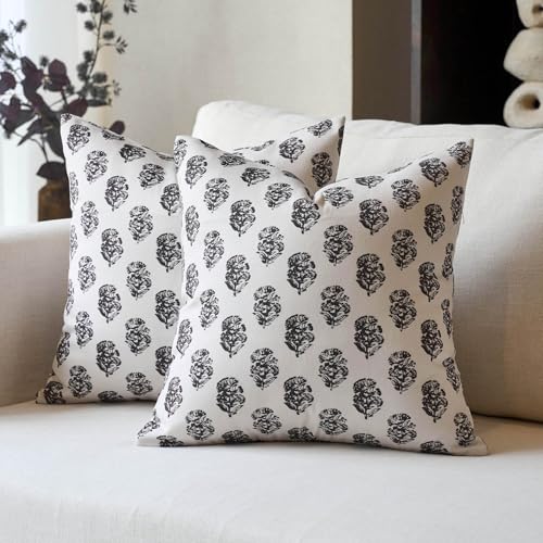 DOMVITUS Set of 2 Floral Pillow Covers 20x20, Block Print Pillow Covers Vintage Neutral Decorative Farmhouse Throw Pillow Covers for Couch Bed Living Room Black - color: Black, size: 20" x 20" (Pack of 2)