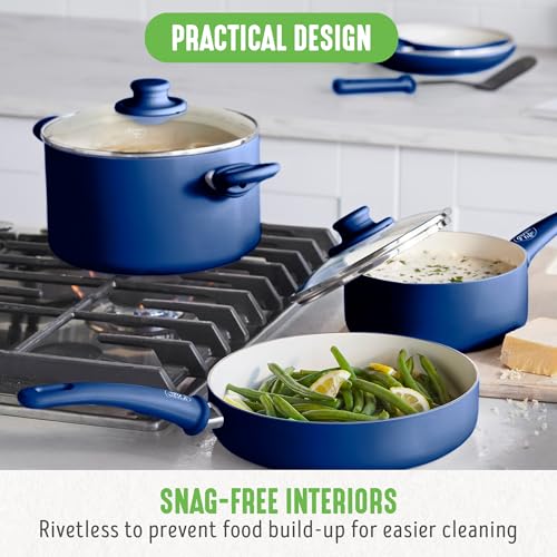 GreenLife 16 Piece Ceramic Nonstick Pots & Pans Cookware Set, Blue | PFAS-Free Nonstick Coating, Stockpot, Frying Pans, Saucepans, Sauté Pan, Stay-Cool Handles, Dishwasher & Oven Safe up to 350F - color: Blue, style: Soft Grip