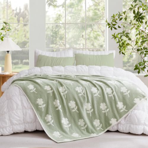 Snuggle Sac Twin Size Bedding Blanket, Sage Green Flower Throw Blanket for Couch, Microfiber Fluffy Warm Cozy Fuzzy Soft Reversible Blankets, Sage Green, 60x80 inches - color: Flower Green, size: Twin(60"x 80")