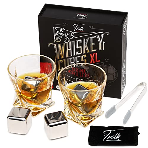 4 XL Stainless Steel Whisky Ice Cubes, Special Tongs & Freezer Pouch in Luxury Gift Box for Whiskey Lovers!
