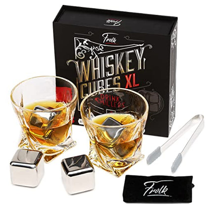 4 XL Stainless Steel Whisky Ice Cubes, Special Tongs & Freezer Pouch in Luxury Gift Box for Whiskey Lovers!