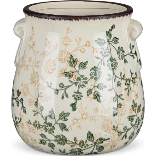 Ceramic Scroll Planter 6.5 Inch Chinoiserie Floral Vase with Drainage Holes Vintage Flower Vase Flower Pot Rustic Ceramic Pots for Indoor Plants Garden Home Bookshelf Decor(Greenish Brown) - style: Greenish Brown