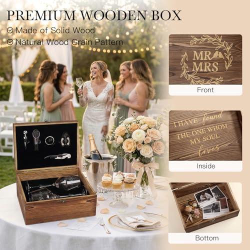 Wedding/Anniversary/Engagement/Bridal Shower and Bachelorette Gifts for Couples,Bride & Newlywed, Engraved Mr and Mrs Wine Glasses with 5-Piece Wine Accessory Kit (Wreath Design) - style: Wreath Design