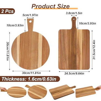 2 Pcs Wooden Cutting Boards with Handle Round and Rectangular Acacia Decorative Cutting Board Set for Kitchen Charcuterie Cheese Meat Bread Pizza Serving
