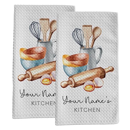 Personalized Kitchen Towel | Custom Tea Towel | Watercolor Utensil Dish Towel | Kitchen Decor | Hand Towel Gift Set | Waffle Weave Dishcloth (Pack of 2 Towels, Design 2) - size: Pack of 2 Towels, style: Design 2