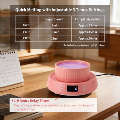 Candle Warmer,Wax Melt Warmer for Desk with Temperature Display | 1-9H Delay Start Timer,Wax Warmer for Scented Wax,Wax Melter,3 Temperature Settings,1-9H Auto Shut Off Timer - color: Pink