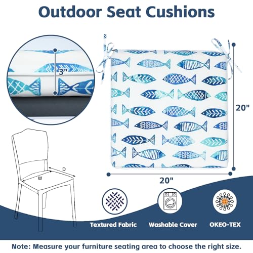 COZYVIDA Outdoor Chair Cushions Set of 4, 20"x20" Square Seat Pads with Tie Straps and YKK Zippers, 35D High-Density Foam, Water-Resistant Fabric,UV-Resistant 1000+ Hrs - color: Print 021