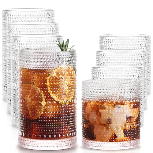 Drinking Water Glass Cups Set,Crystal Hobnail Glass set of 8,15oz&12oz | Unique Design Vintage Tall Glass Cups Sets for Whiskey,Cocktail,mocktails - style: Drinking set of 8 15oz 12oz