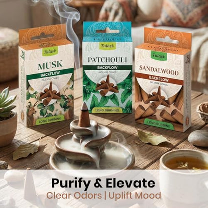Backflow Incense Cones with Natural Oils, Scents Set of 12 Fragrances (120 Cones) Calming Home Aromatherapy, Yoga, Meditation, Relaxing, Mixed Scents with Natural Oils