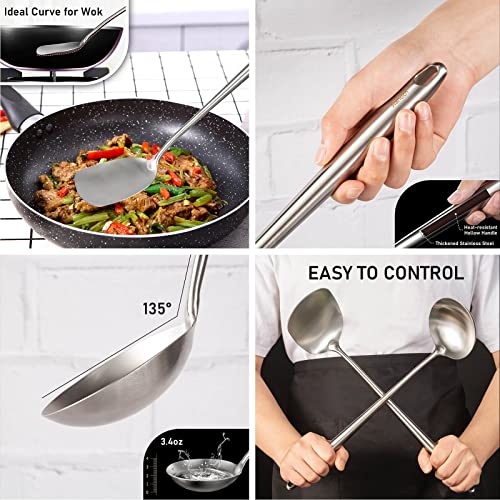 17″ Wok Utensils - Wok Spatula and Ladle, Skimmer Spoon, Slotted Spatula | 304 Stainless Steel Kitchen Utensils Set, 4-Pieces Extra Long Handle Cooking Tools, All Metal Chinese Wok Accessories