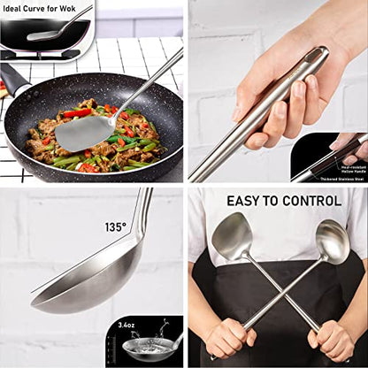 17″ Wok Utensils - Wok Spatula and Ladle, Skimmer Spoon, Slotted Spatula | 304 Stainless Steel Kitchen Utensils Set, 4-Pieces Extra Long Handle Cooking Tools, All Metal Chinese Wok Accessories
