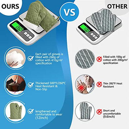 Oven Mitts and Pot Holders 4 pcs Set,High Heat Resistant 500 Degree Extra Thicken Long Kitchen Cotton Oven Glove for Cooking (12 Inch,Green) - color: Cotton-green