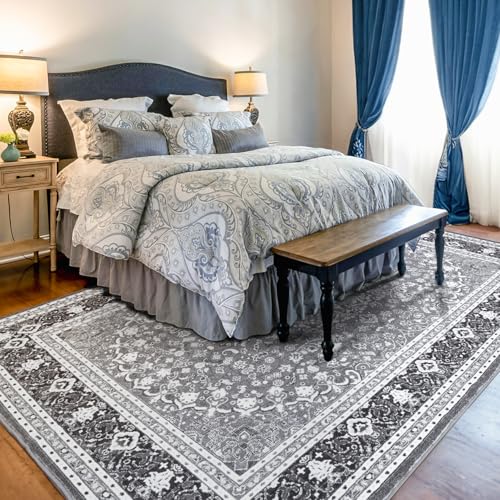 6x9 Bedroom Area Rug, Soft Machine Washable Rugs, Grey White | Faux-Wool Carpets for Kitchen Dining Room Nursery Home Office, Boho Vintage Floral Non-Slip Low Pile Rug, Kid & Pet Friendly - color: Grey White, size: 6' x 9' (Rectangular)