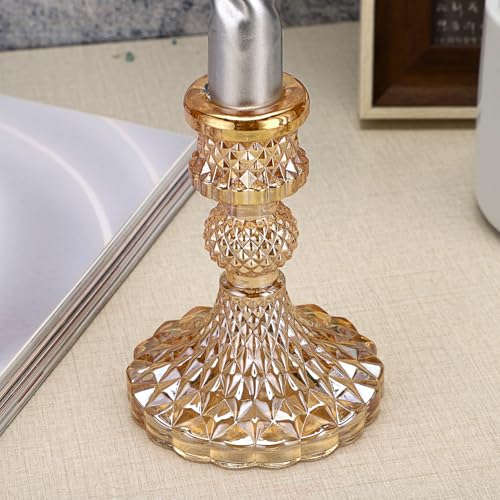 OwnMy Gold Glass Taper Candle Holders Decorative Glass Candlestick Holders | 2PCS Modern Glass Taper Candle Stands, Glass Taper Candlestick Holders for Dining Table Centerpieces Wedding Church Decors