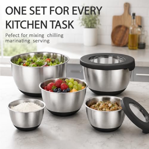 KITEISCAT Stainless Steel Mixing Bowls with Lids – Set of 5 Large Nesting Metal Bowls for Kitchen, Baking, Cooking, Food Prep & Storage, Non-Slip Base, Dishwasher Safe,Black - color: Black