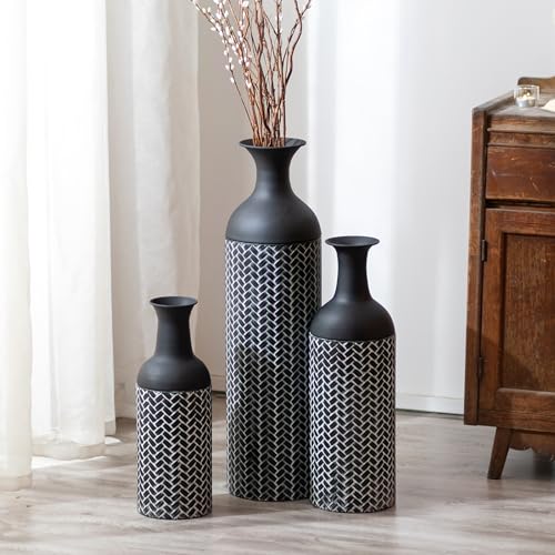 Sziqiqi Black Tall Floor Vase, Vintage Floor Standing, 27in, Set of 3 | 27/20/16in Woven Large Metal Vase for Dried Flowers, Extra Big Floor Vase for Home Decor Living Room Indoor Fireplace Corner