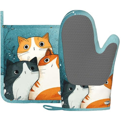 Cute Cartoon Cat Oven Mitts and Pot Holders Sets Funny Cat Silicone Heat Resistant Kitchen Oven Gloves Pot Holder for Cooking Baking Grilling BBQ - color: Cute Cartoon Cat