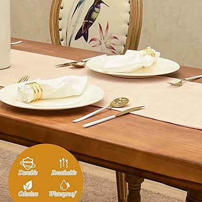 Faux Linen Sparkly Beige Spring Table Runner with Tassels 14x71 Inch Dresser Scarf Graduation 4th of July Table Runner for Home Bedroom Party Birthday Wedding Bridal Baby Shower - color: Brilliant Faux Linen With Tassels- Pinky Beige, size: 71"x14"-1Pc