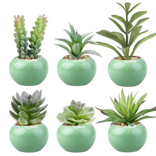 GREENTIME 6Pcs Artificial Succulents in Ceramic Pots Fake Potted Plants | Small Fake Succulents Zero Care for Bathroom Bedroom Desk Office Table Shelf Living Room Vanity Cabinet Windowsill - color: Green-light Green Round Pot