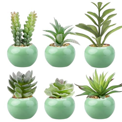 GREENTIME 6Pcs Artificial Succulents in Ceramic Pots Fake Potted Plants | Small Fake Succulents Zero Care for Bathroom Bedroom Desk Office Table Shelf Living Room Vanity Cabinet Windowsill - color: Green-light Green Round Pot