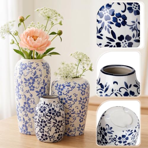 LemonRoad 3 Pack Chinoiserie Vases Porcelain Blue and White Vases for Flowers Pottery Chinoiserie Ceramic Vase for Living Room Mother's Day Decor Table Centerpiece, 6.9", 8.7", 11.8"(Rustic) - style: Rustic
