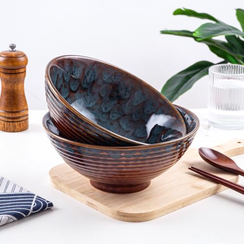 Ceramic Japanese Ramen Bowl Set, 2 Sets Asian Pho Udon Soup Noodle Bowls with Spoons and Chopsticks (Peacock Green, 8 inches) - color: Peacock Green