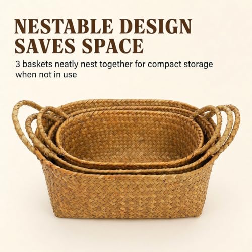 Elsjoy Set of 3 Woven Seagrass Baskets with Handles, Oval Wicker Woven Storage Baskets, Rattan Shelf Basket for Fruit, Bread, Kitchen