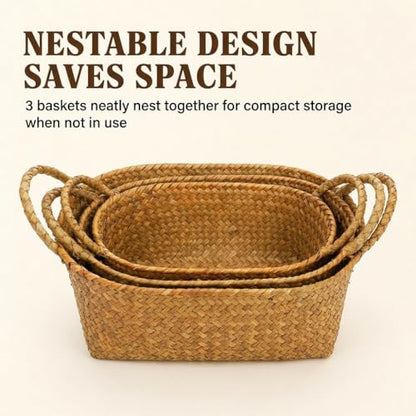 Elsjoy Set of 3 Woven Seagrass Baskets with Handles, Oval Wicker Woven Storage Baskets, Rattan Shelf Basket for Fruit, Bread, Kitchen