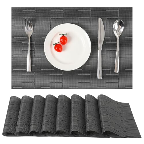 Myir JUN Placemats Set of 8 Kitchen and Dining Table Placemats | Vinyl Placemats Place Mats Indoor/Outdoor Set of 8 Washable Table Mats Non-Slip Place mats for Dining Table, Black-gray - color: Black-gray, size: Set of 8
