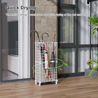 AWTATOS Umbrella Holder Entryway, Umbrella Stand Freestanding, White | Metal Square Umbrella Rack Organizer with a Removable Drip Tray, Hooks - color: White