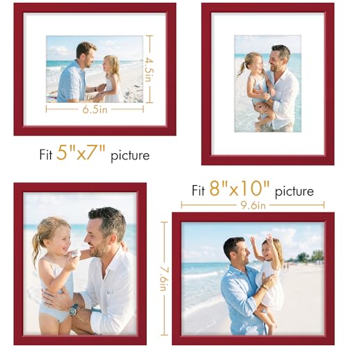 Vittanly Solid Wood 8x10 Picture Frames Set of 4, Red | 5x7 Picture Frame with Mat, Gallery Wall Frame Set, 8 x 10 Frame for Wall & Tabletop Display, Family, Pet, Christmas - color: Red, size: 8x10