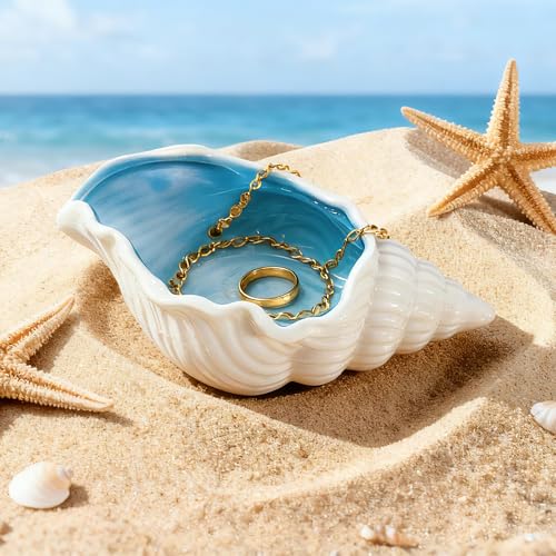 Conch Shell Ceramic Jewelry Tray, Blue White Ring Holder Dish, Decorative Trinket Dish for Rings Earrings Necklaces Bracelet Keys - style: Conch