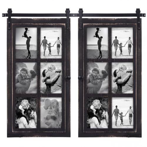 Sintuff 2 Sets 6 Opening Picture Frame Collage, Fit 5x7 Photos, Distressed Black Wooden Barn Door Window Farmhouse Picture Frame Collage for Living Room Bedroom Wall Decor - color: Distressed Black, size: Fit 5x7, style: 6 Opening