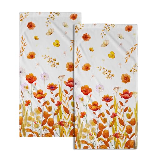 Imiss Orange Wildflowers Hand Towels Fall Yellow Poppy Floral Watercolor Botanical Bathroom Towel Set of 2 Autumn Seasonal Soft Absorbent Bath Guest Towels for Gym,Spa,Hotel - color: Orange Poppy Floral