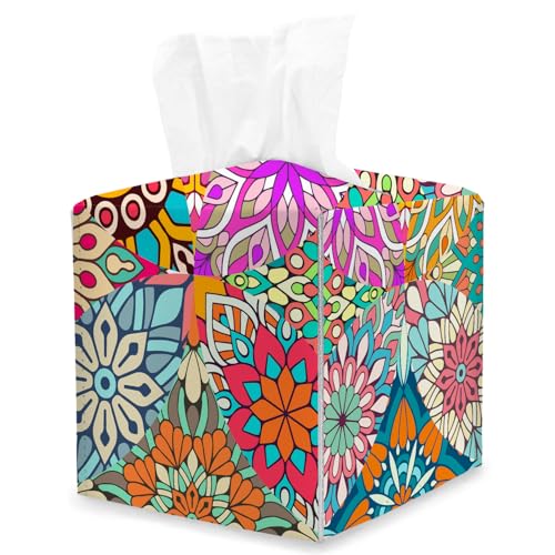 Mandala Flowers Tissue Box Cover Square, Paisley Floral Cube Tissue Box Holder, Tabletop Decor Leather Facial Paper Organizer Dispenser for Bathroom Home Car Night Stand Living Room/21 - color: Mandala Flowers