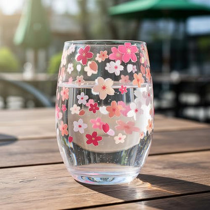 Hand Blown Etched Stemless Wine Glasses 19oz, Set of 4, Everyday Drinking Glasses, Large capacity, Unique Gifts for Him Her for Birthday, Wedding, Anniversary (Clear With Cherry Blossoms) - color: Clear With Cherry Blossoms