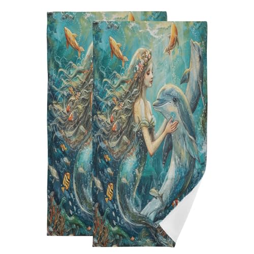 ALAZA Hand Towels for Bathroom Set of 2, Sea Mermaid with Dolphins Fish Ultra Soft and Absorbent Fingertip Towels & Face Cloths, 28 x 14 inch - color: Multicolor08