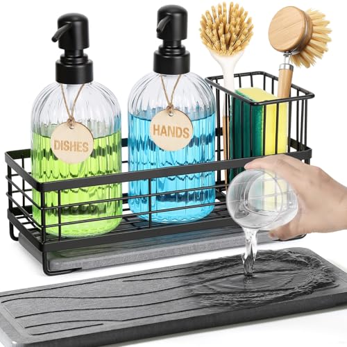 Kitchen Dish Soap Dispenser Set with Tray for Countertop Organizer, Black | 14OZ Glass Bottle with Rustproof 304 Stainless Steel Sponge Holder and Instant Dry Tray, Hand and Dish Soap Dispenser Set - color: Black + Dark Grey + Transparent