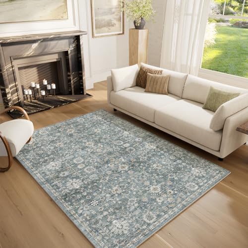 Machine Washable Rugs for Living Room: 5x7 Area Rugs for Bedroom | Ultra Soft,Non-Slip,Low Pile,Vintage Distress,Boho,Large,Carpet,High-Traffic,Dining Room,Nursery,Farmhouse Decor - color: Cyan/Golden/Multi, size: 5' x 7' (Rectangular)