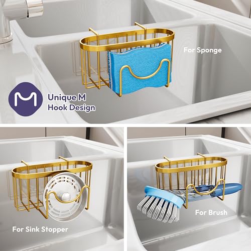 SWTYMIKI Sponge Holder for Kitchen Sink - Movable Kitchen Sink Caddy with M Shape Hook, Stainless Steel Hanging Sponge Caddy for Dish Sponge, Brush, Stopper Organizer in Double Sink, Gold - color: Gold-regular