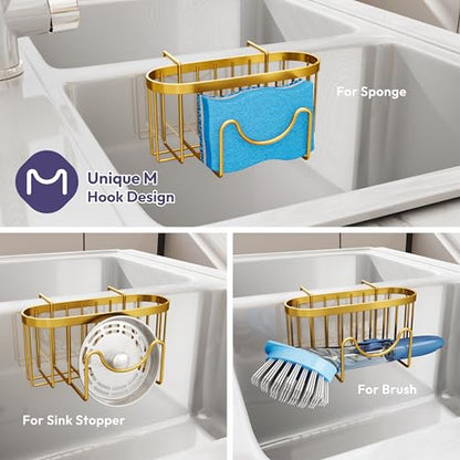 SWTYMIKI Sponge Holder for Kitchen Sink - Movable Kitchen Sink Caddy with M Shape Hook, Stainless Steel Hanging Sponge Caddy for Dish Sponge, Brush, Stopper Organizer in Double Sink, Gold - color: Gold-regular