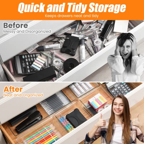 18 Pcs Large Size Clear Drawer Organizer Set, Acrylic Non Slip Non Cracking Kitchen Drawer Storage Tray Divider, Multifunctional Storage for Cosmetics, Bathroom, Tools, Kitchen and Office - size: 18 Pack