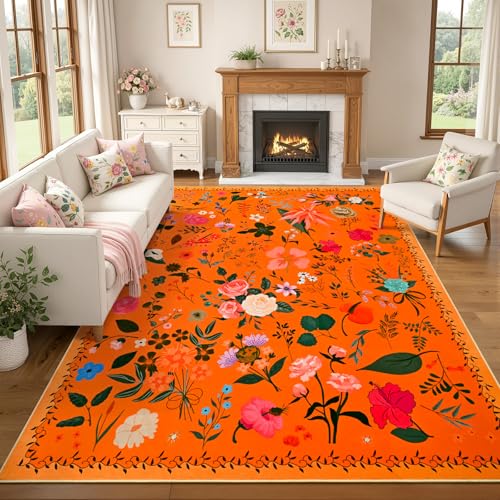 ISEAU Orange Red Rug for Bedroom 4x6 Area Rugs for Kids Room Dorm,Non Slip | Floral Rug with Non-Slip Botton, Low-Pile and Washable Indoor Carpet for Playroom Nursery Dining Room Dorm Decor - color: Orange Red, size: 4ftx6ft